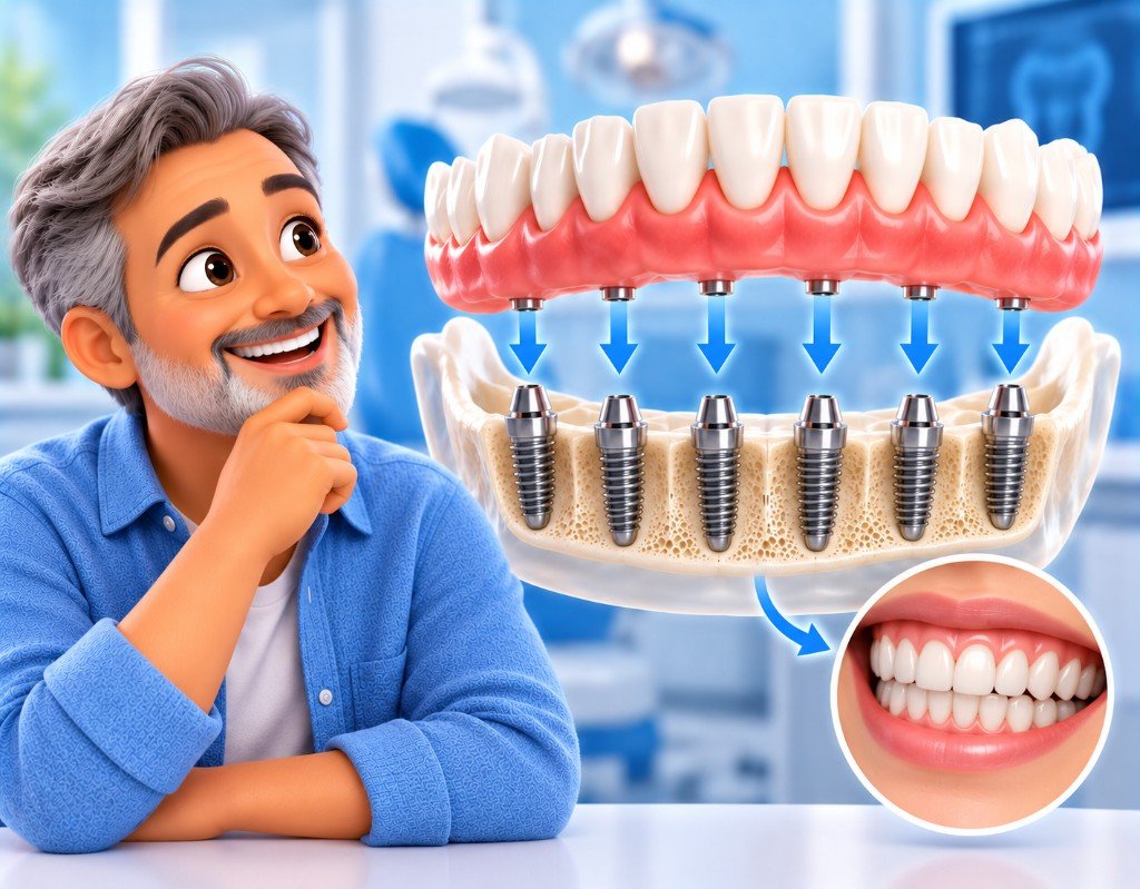 Illustrated educational graphic for “All-on-6 Dental Implants Explained”. Not a photograph of a patient.