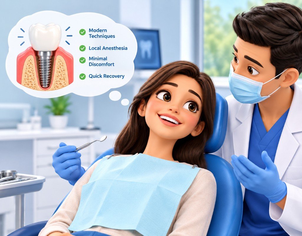 Illustrated educational graphic for “Are Dental Implants Painful?”. Not a photograph of a patient.