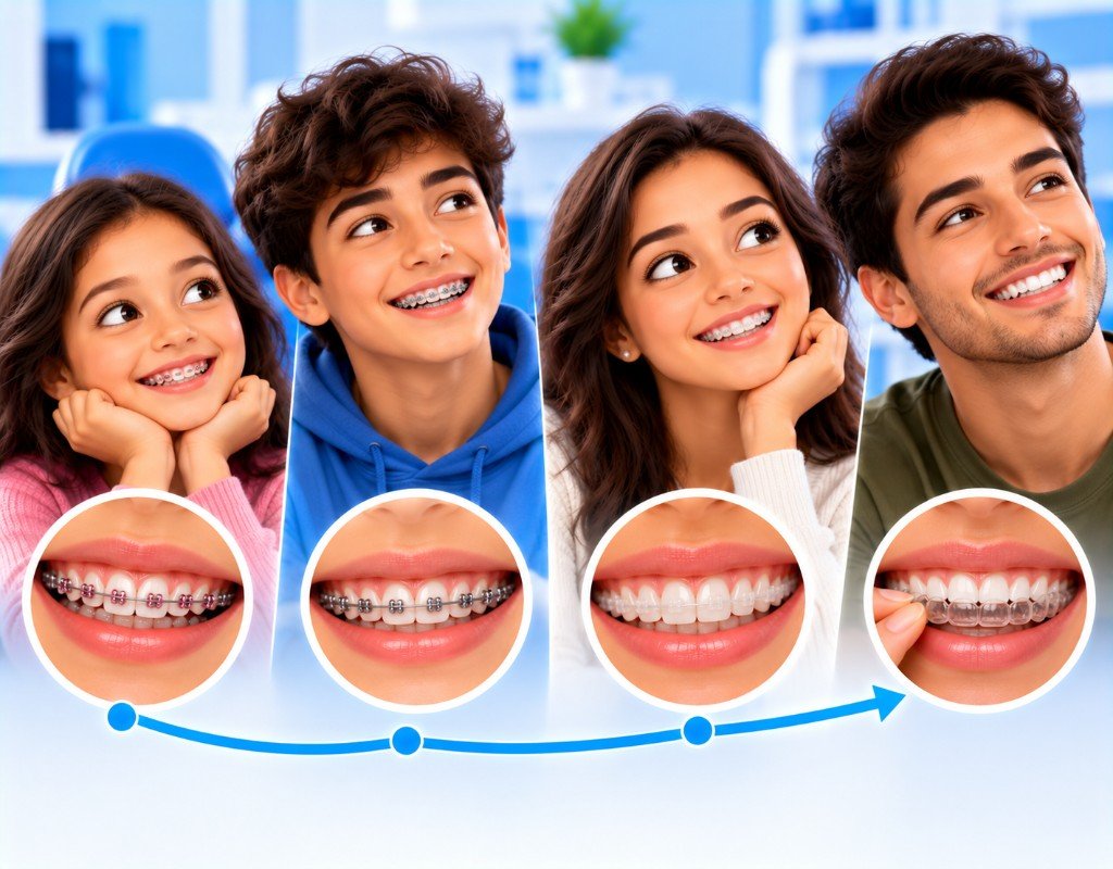 Illustrated educational graphic for “What Is the Best Age for Braces?”. Not a photograph of a patient.