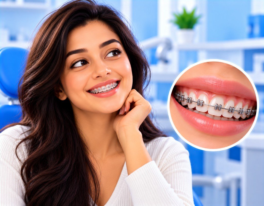 Illustrated educational graphic for “Braces for Adults in Airoli”. Not a photograph of a patient.