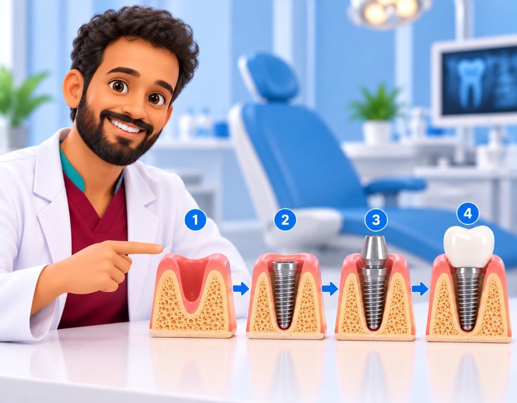 Illustrated educational graphic for “Dental Implant Procedure: Step by Step”. Not a photograph of a patient.