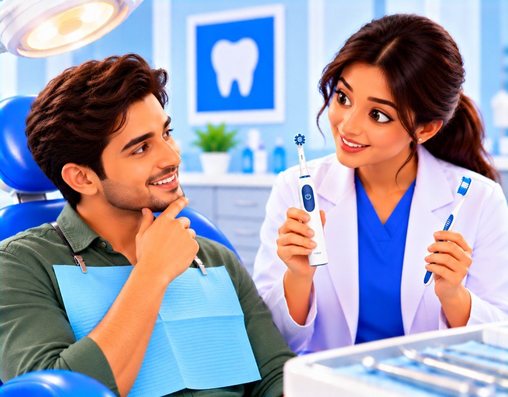 Illustrated educational graphic for “Electric vs Manual Toothbrush”. Not a photograph of a patient.