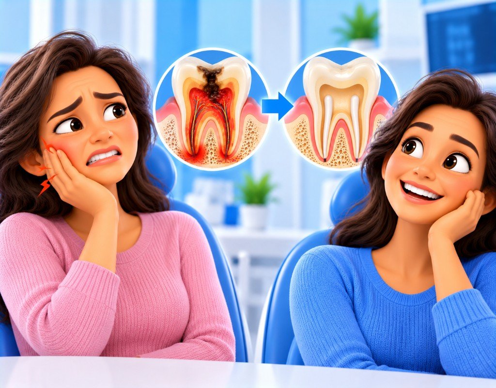 Illustrated educational graphic for “Is Root Canal Treatment Painful?”. Not a photograph of a patient.