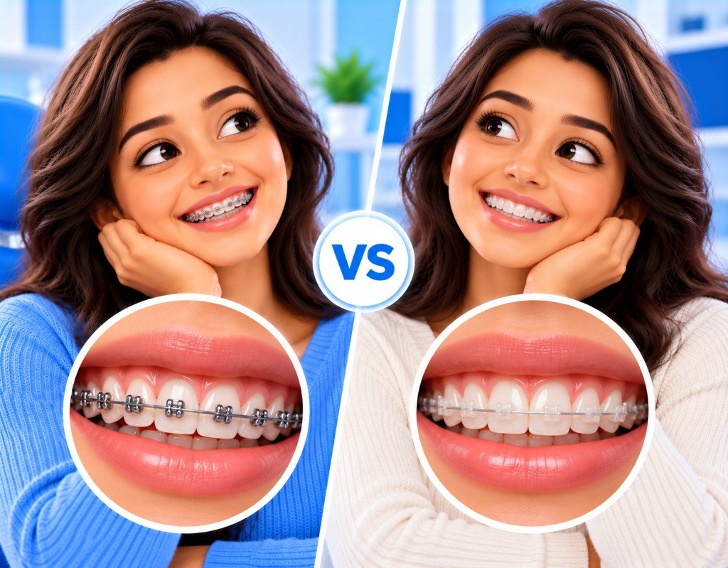 Illustrated educational graphic for “Metal Braces vs Ceramic Braces”. Not a photograph of a patient.