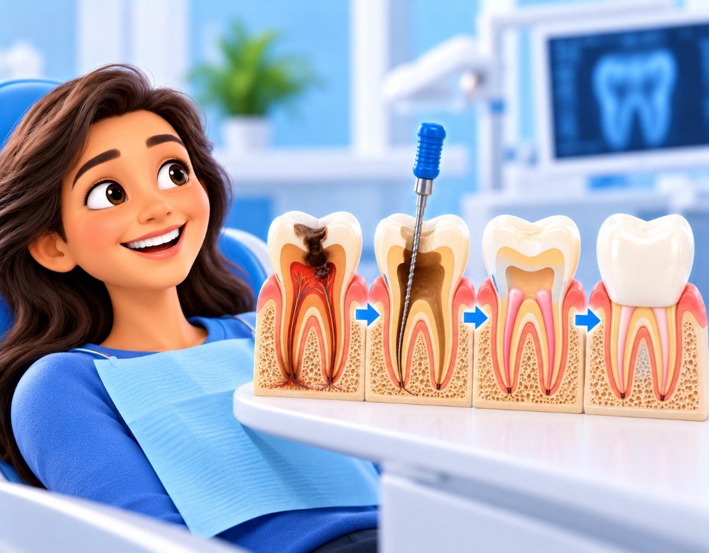 Illustrated educational graphic for “Root Canal Treatment in Airoli”. Not a photograph of a patient.