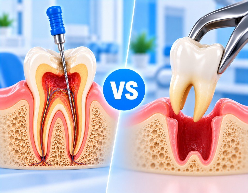 Illustrated educational graphic for “Root Canal vs Tooth Extraction”. Not a photograph of a patient.