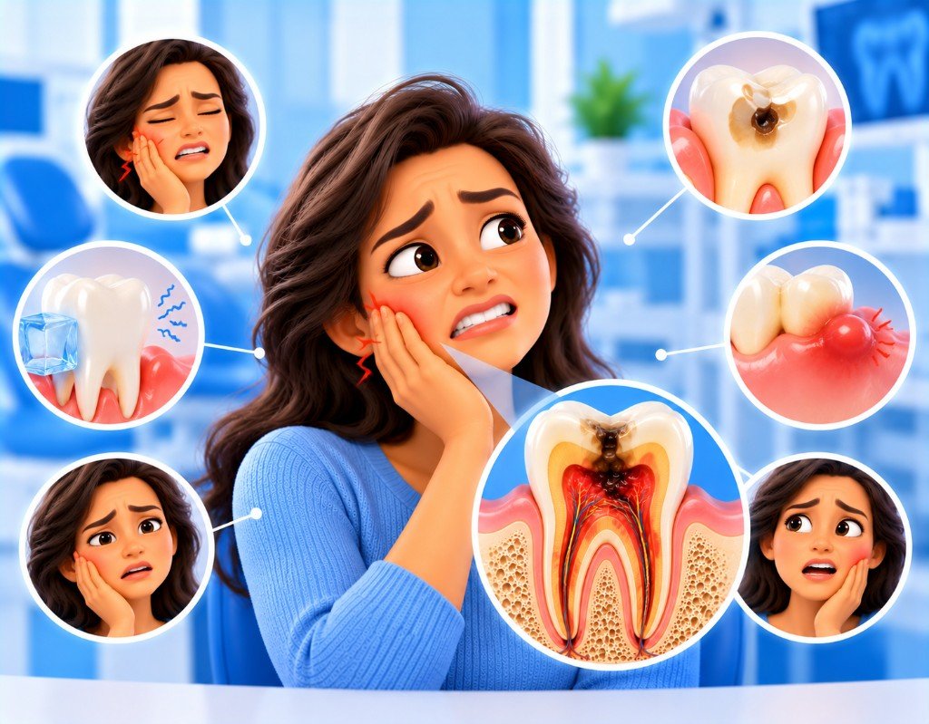 Illustrated educational graphic for “Signs You May Need a Root Canal”. Not a photograph of a patient.