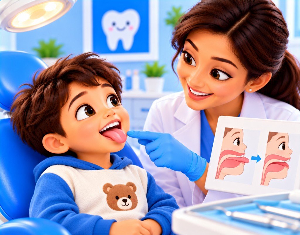 Illustrated educational graphic for “Tongue Thrusting in Children”. Not a photograph of a patient.