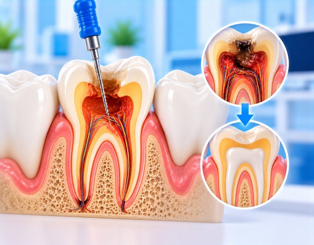 Illustrated educational graphic for “What Is Root Canal Treatment?”. Not a photograph of a patient.