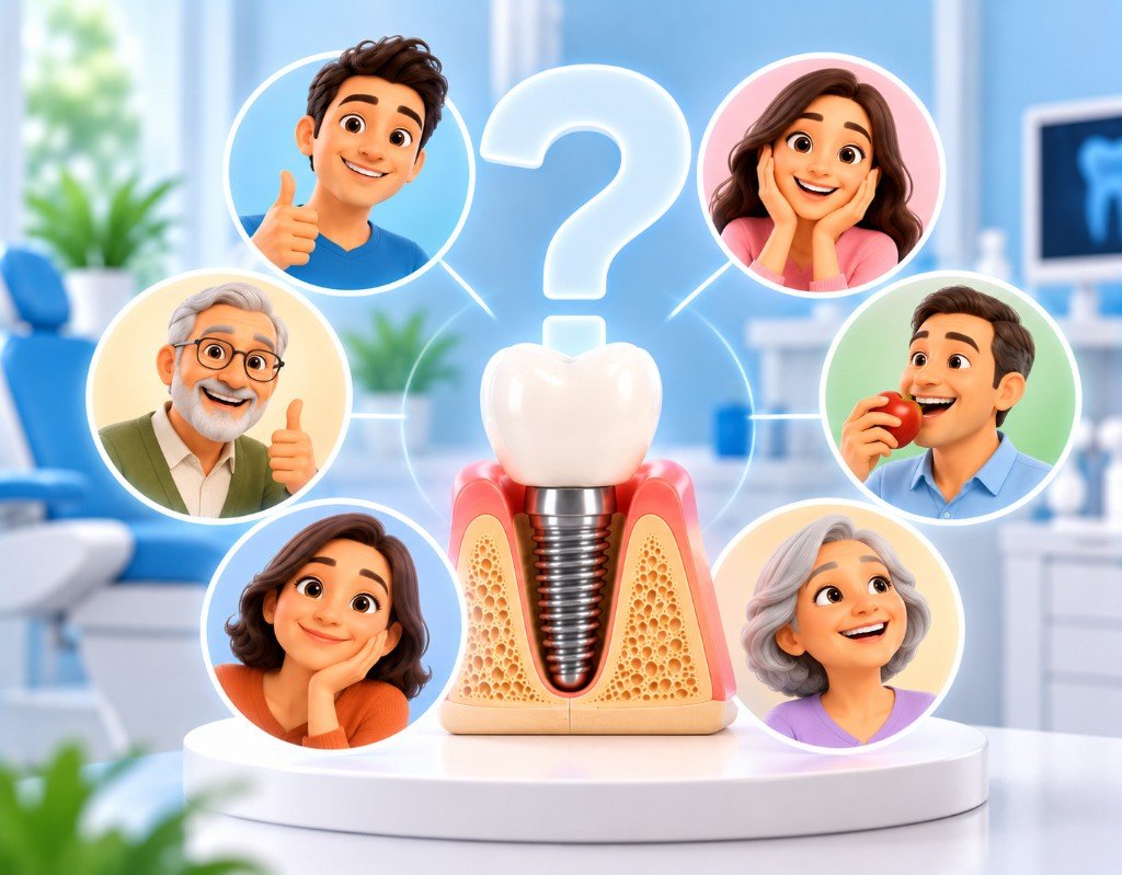 Illustrated educational graphic for “Who Is a Candidate for Dental Implants?”. Not a photograph of a patient.